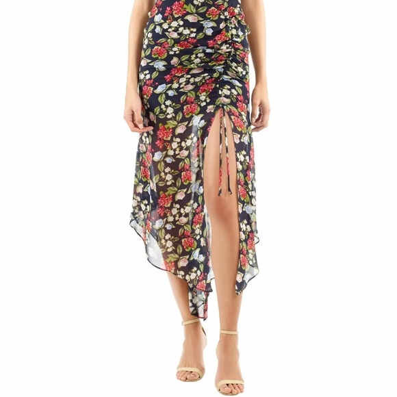NICHOLAS Dresses & Skirts - Nicholas Eva 100% Silk Chiffon Ruched Asymmetrical Floral Print Midi Skirt